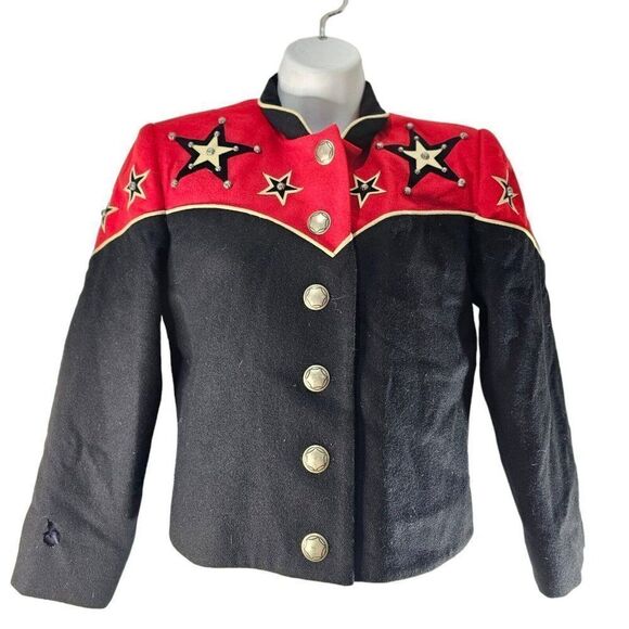 Vintage 80s Patty Lewis Jacket Womens S Red Black Western Wool Stars Rodeo USA - Picture 2 of 11